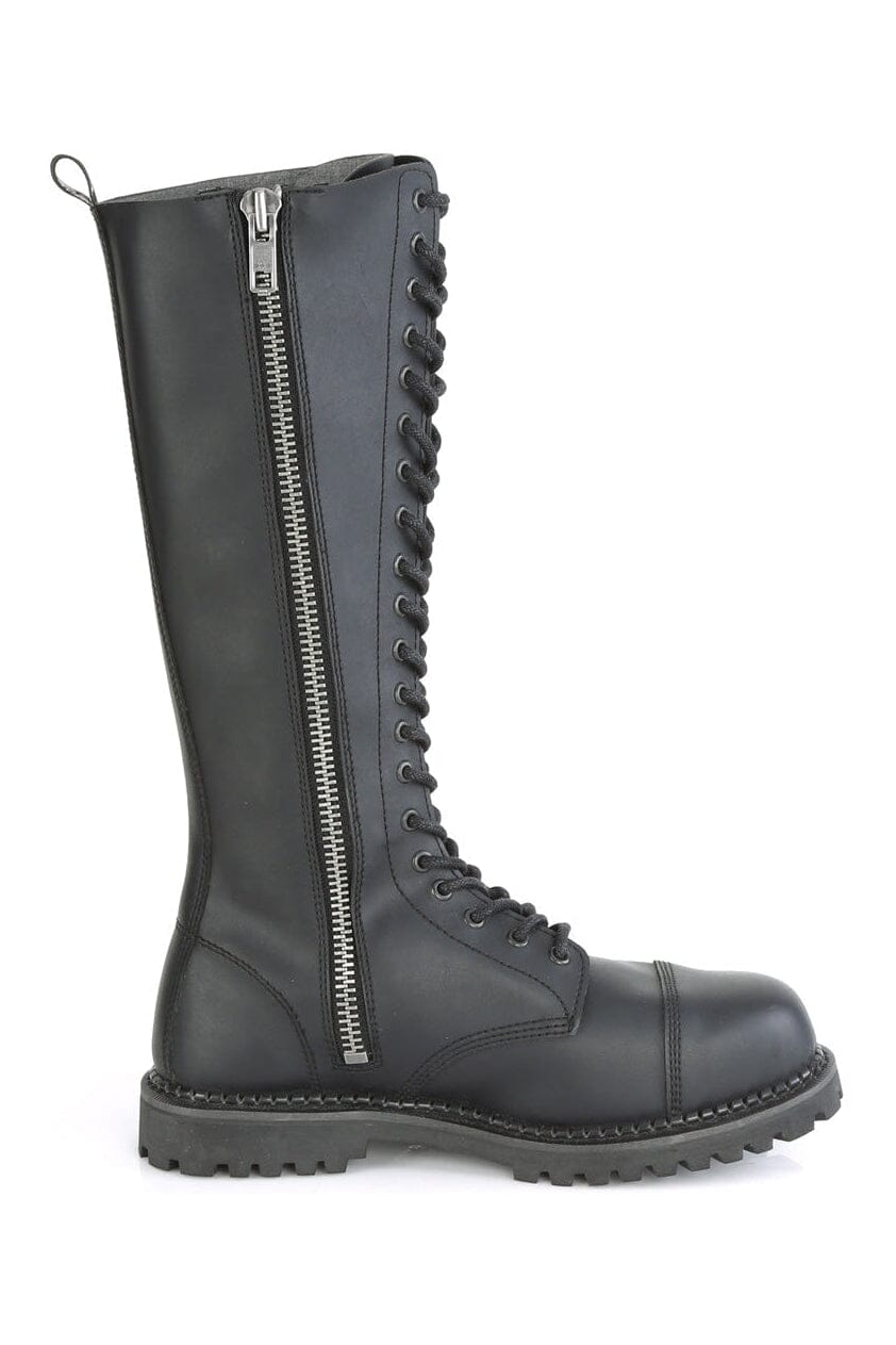 Demonia RIOT-20 Black Vegan Leather Knee Boot in Black Vegan Leather
