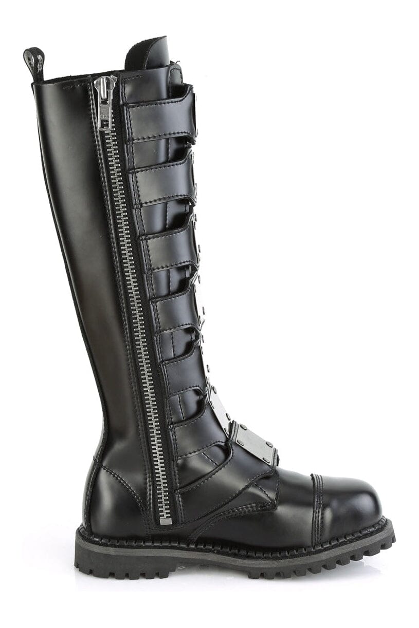 Demonia RIOT-21MP Black Leather Knee Boot in Black Leather