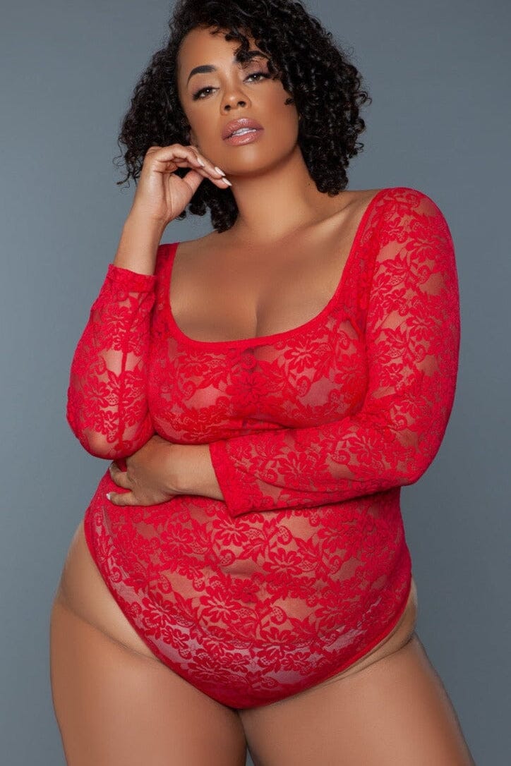 Red Hot Long Sleeved Bodysuit | Plus Size-Bodysuits-BeWicked-Red-1X-SEXYSHOES.COM