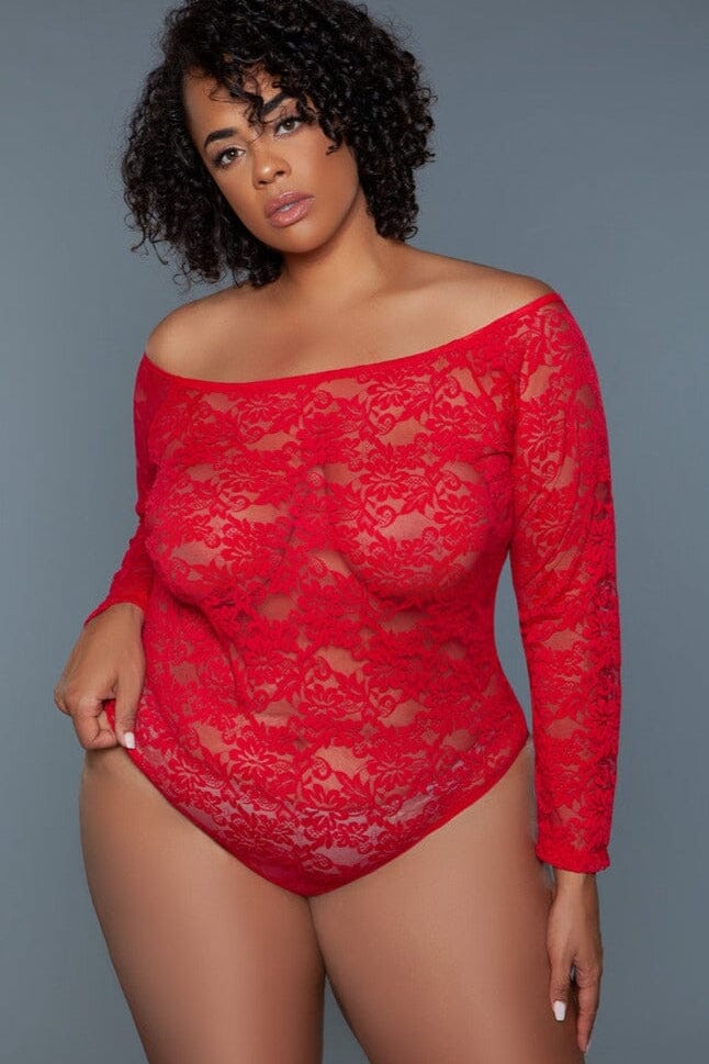 Red Hot Long Sleeved Bodysuit | Plus Size-Bodysuits-BeWicked-SEXYSHOES.COM