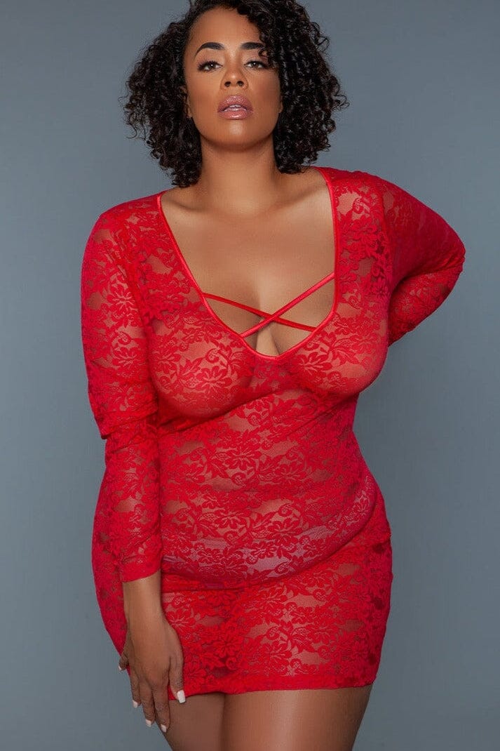 Red Long Sleeved Chemise | Plus Size-Chemises-BeWicked-Red-1X-SEXYSHOES.COM