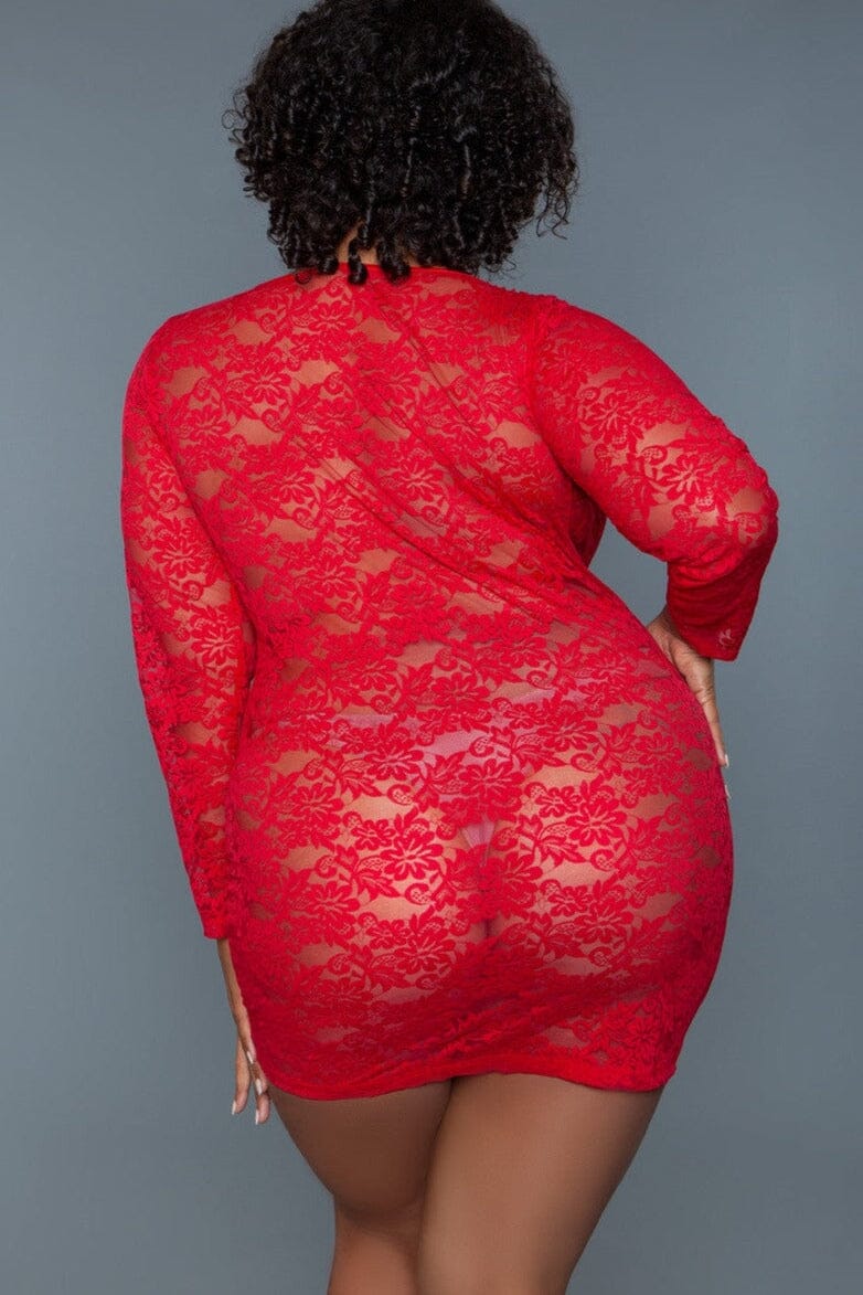 Red Long Sleeved Chemise | Plus Size-Chemises-BeWicked-SEXYSHOES.COM