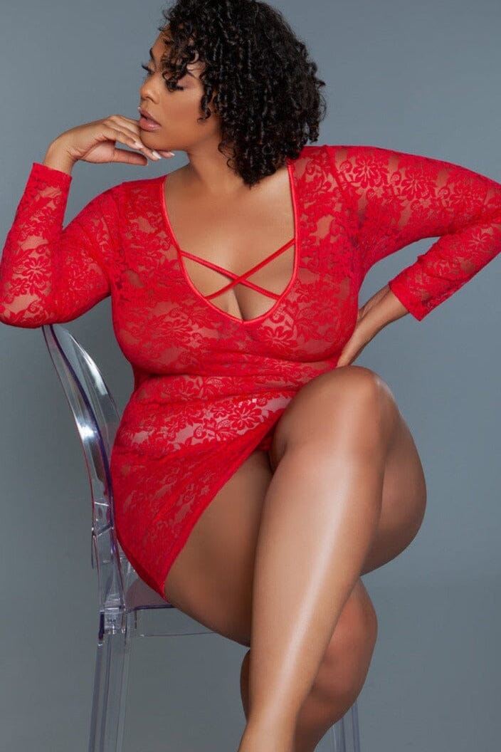 Red Long Sleeved Chemise | Plus Size-Chemises-BeWicked-SEXYSHOES.COM