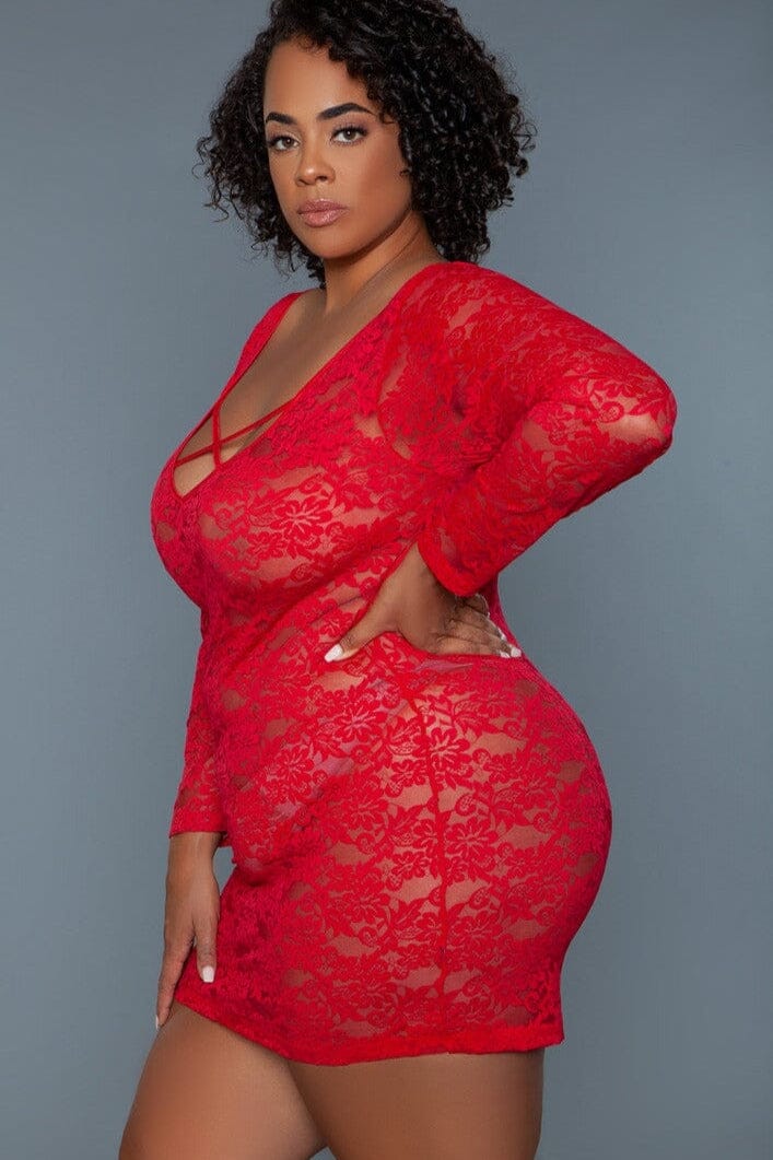 Red Long Sleeved Chemise | Plus Size-Chemises-BeWicked-SEXYSHOES.COM