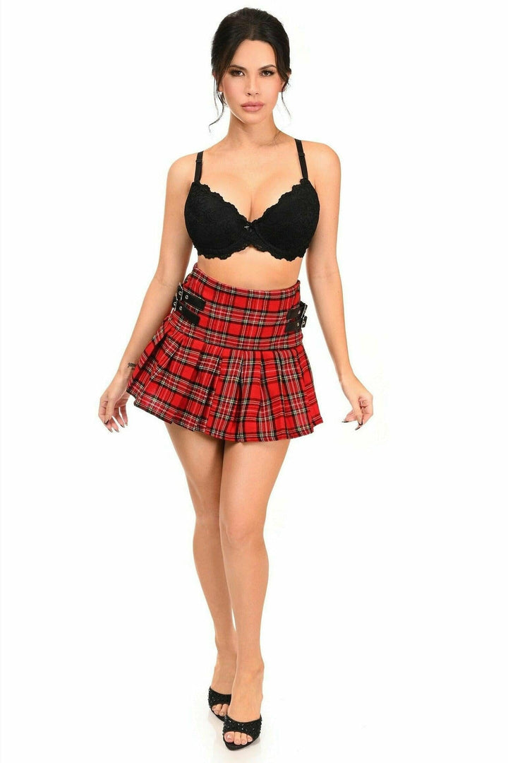 Red Plaid Pleated Skirt w/Buckles-Costume Skirts-Daisy Corsets-SEXYSHOES.COM