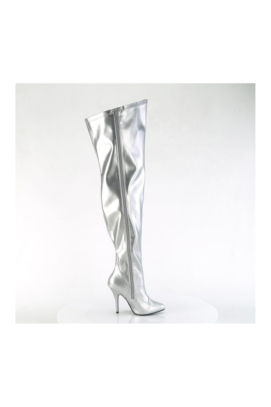 Pleaser SEDUCE-3000WC Silver Patent Thigh Boot in Silver Patent