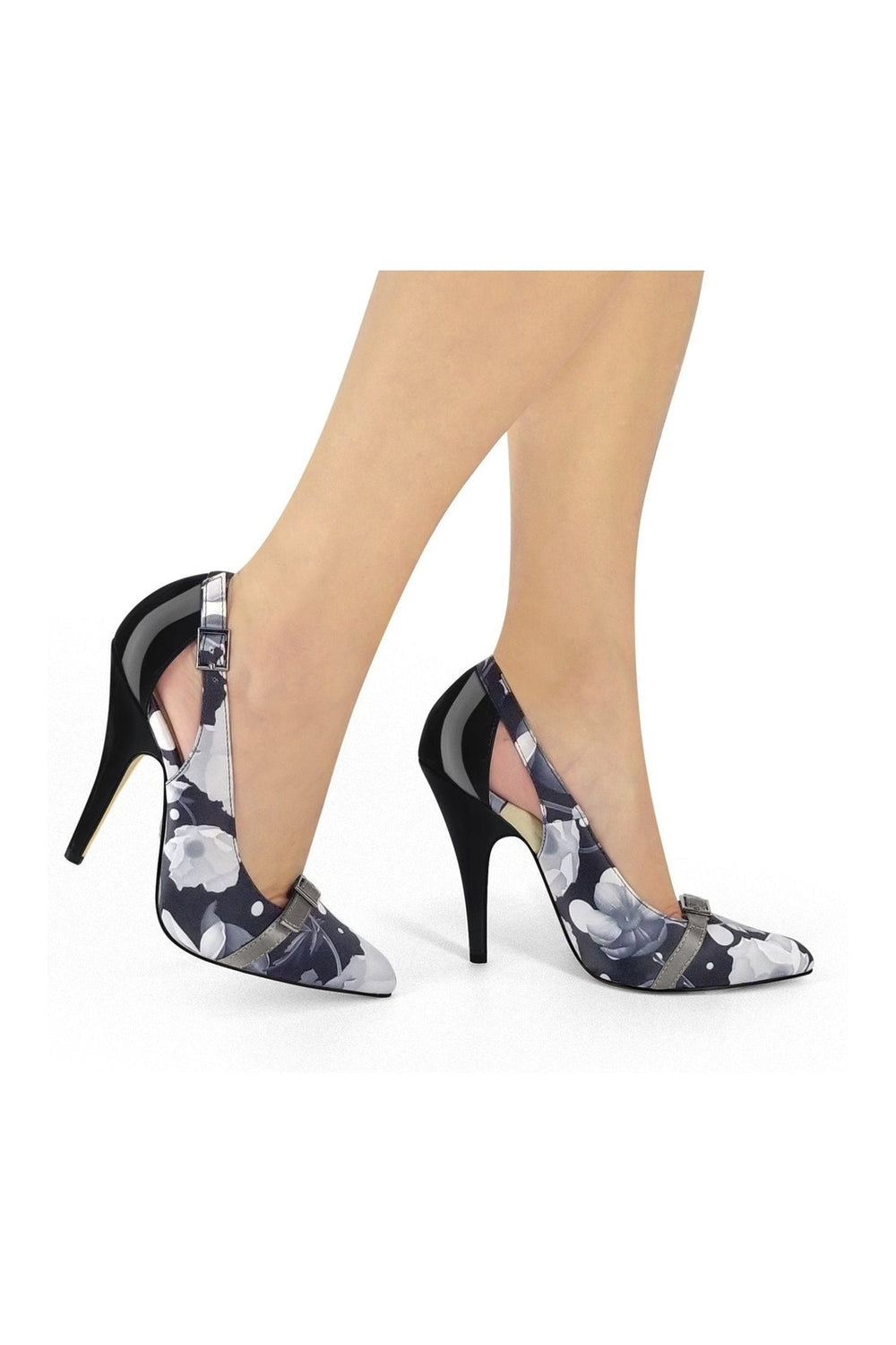 Flirty Floral Printed Pump with Buckle Detail-Pumps-Sexyshoes Signature-Black-SEXYSHOES.COM