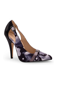 Sexyshoes Signature Flirty Floral Printed Pump with Buckle Detail in Black Faux Leather from SexyShoes.com