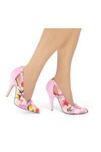 Sexyshoes Signature Flirty Floral Print Pump with Buckle Detail in Pink Satin