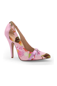 Sexyshoes Signature Flirty Floral Print Pump with Buckle Detail in Pink Satin from SexyShoes.com