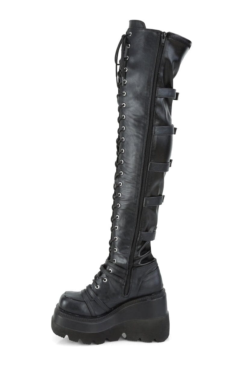 Demonia SHAKER-350 Black Vegan Leather Knee Boot in Black Vegan Leather