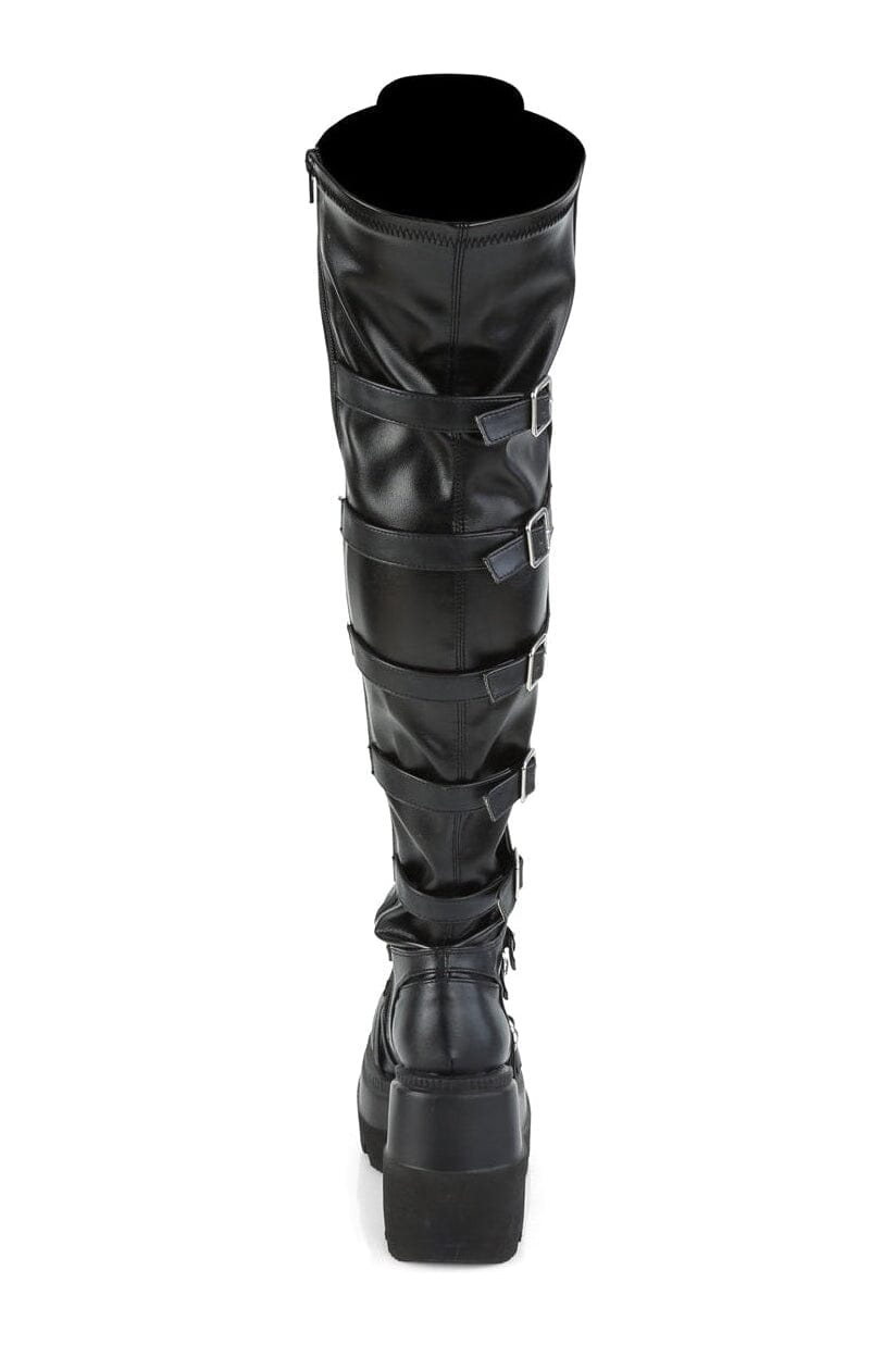 Demonia SHAKER-350 Black Vegan Leather Knee Boot in Black Vegan Leather