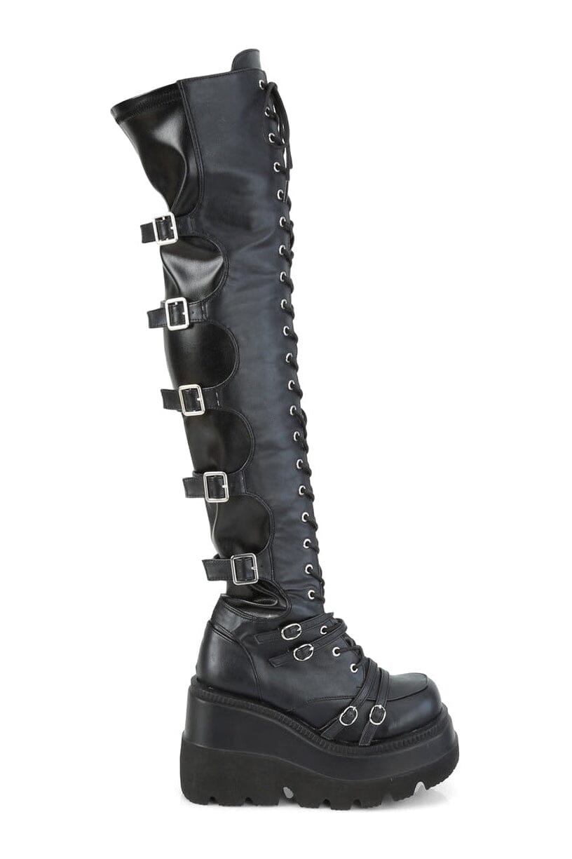 Demonia SHAKER-350 Black Vegan Leather Knee Boot in Black Vegan Leather