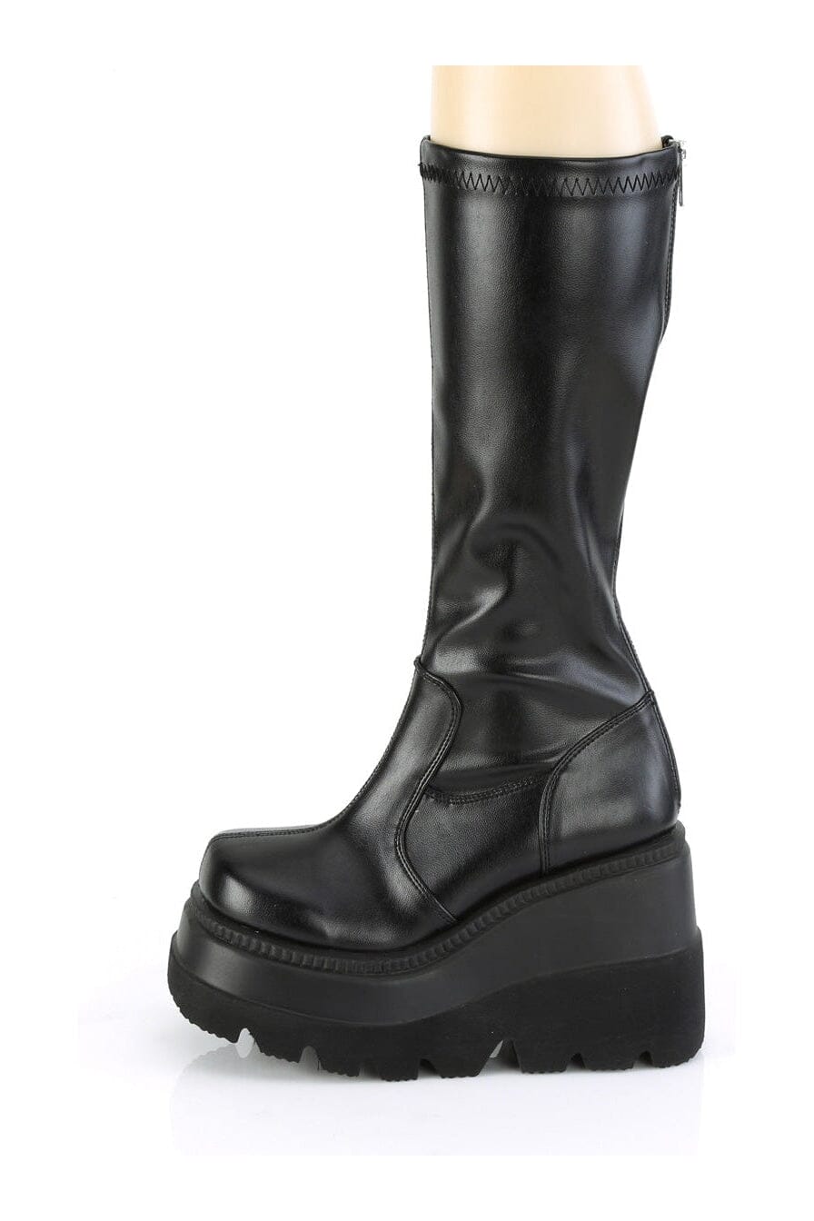Demonia SHAKER-65 Black Vegan Leather Knee Boot in Black Vegan Leather