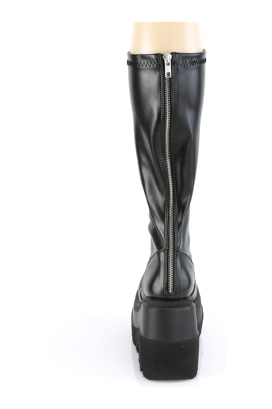 Demonia SHAKER-65 Black Vegan Leather Knee Boot in Black Vegan Leather