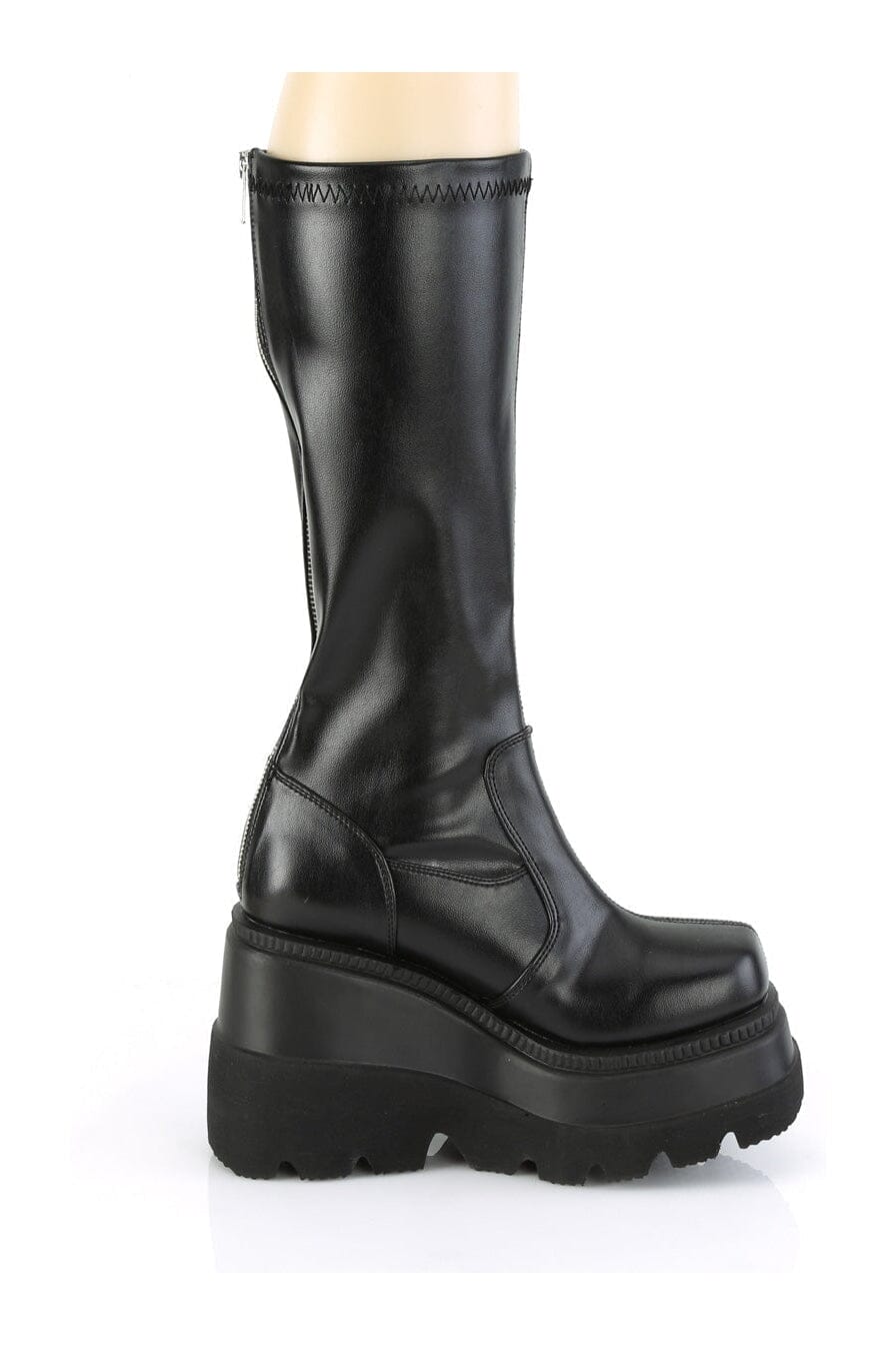Demonia SHAKER-65 Black Vegan Leather Knee Boot in Black Vegan Leather