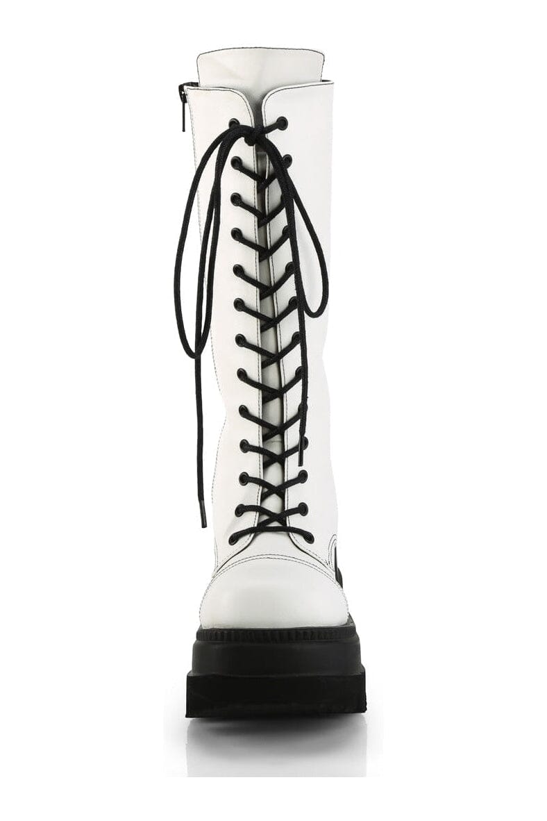 Demonia SHAKER-72 White Vegan Leather Knee Boot in White Vegan Leather