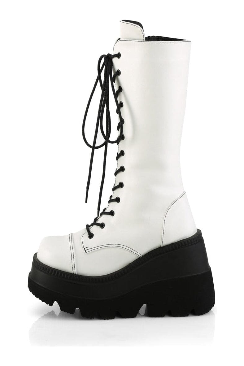Demonia SHAKER-72 White Vegan Leather Knee Boot in White Vegan Leather