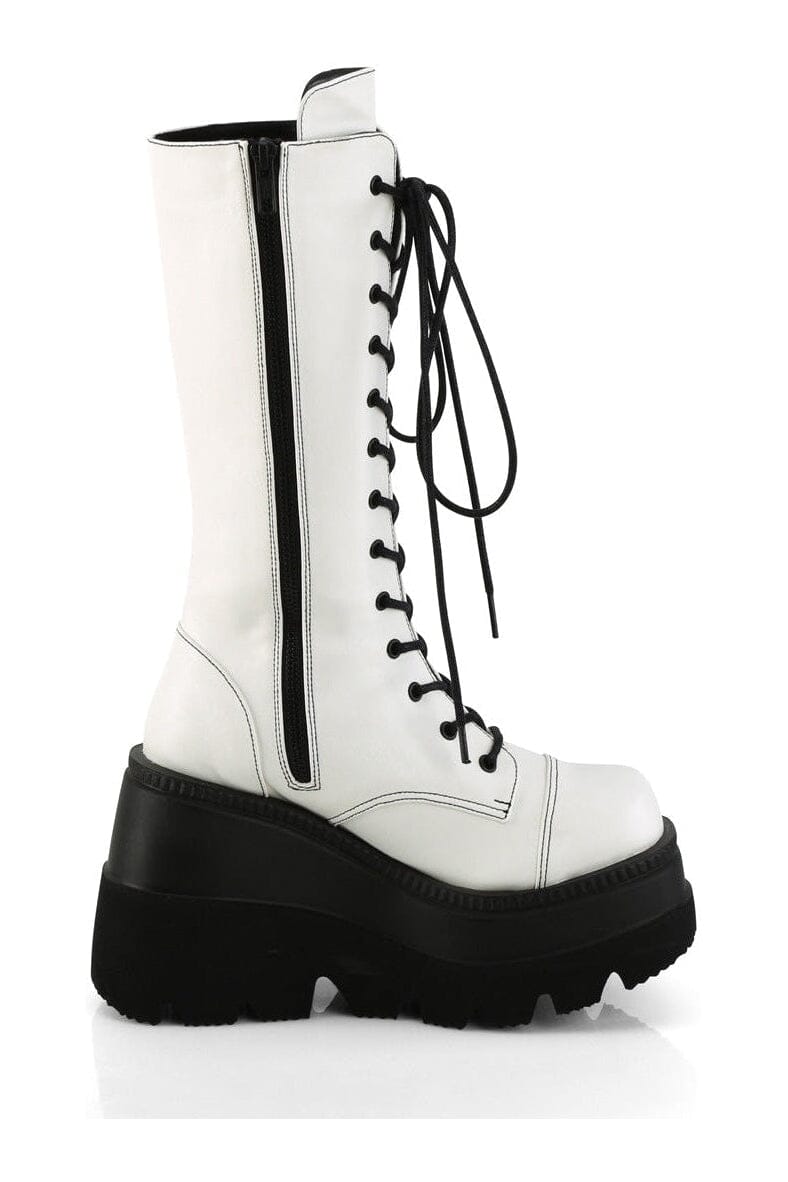 Demonia SHAKER-72 White Vegan Leather Knee Boot in White Vegan Leather
