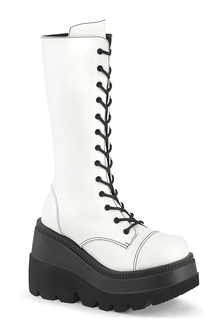 Demonia SHAKER-72 White Vegan Leather Knee Boot in White Vegan Leather from SexyShoes.com