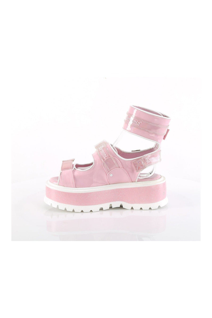 Demonia SLACKER-15B Pink Hologram Patent Sandal in Pink Hologram Patent