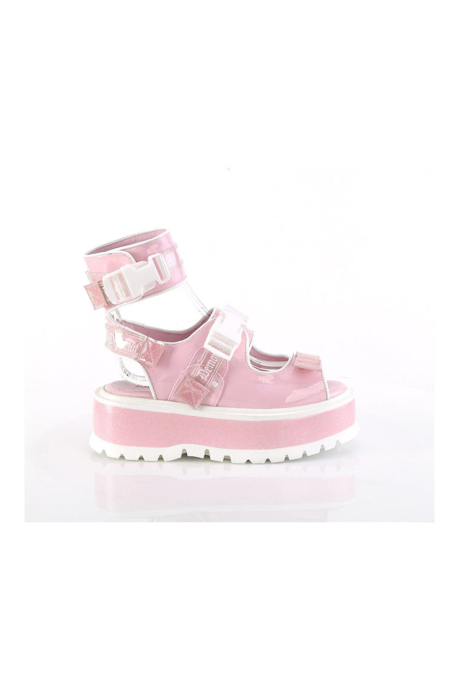 Demonia SLACKER-15B Pink Hologram Patent Sandal in Pink Hologram Patent