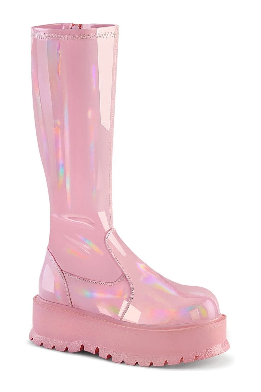 Demonia SLACKER-200 Pink Hologram Patent Knee Boot in Pink Hologram Patent from SexyShoes.com