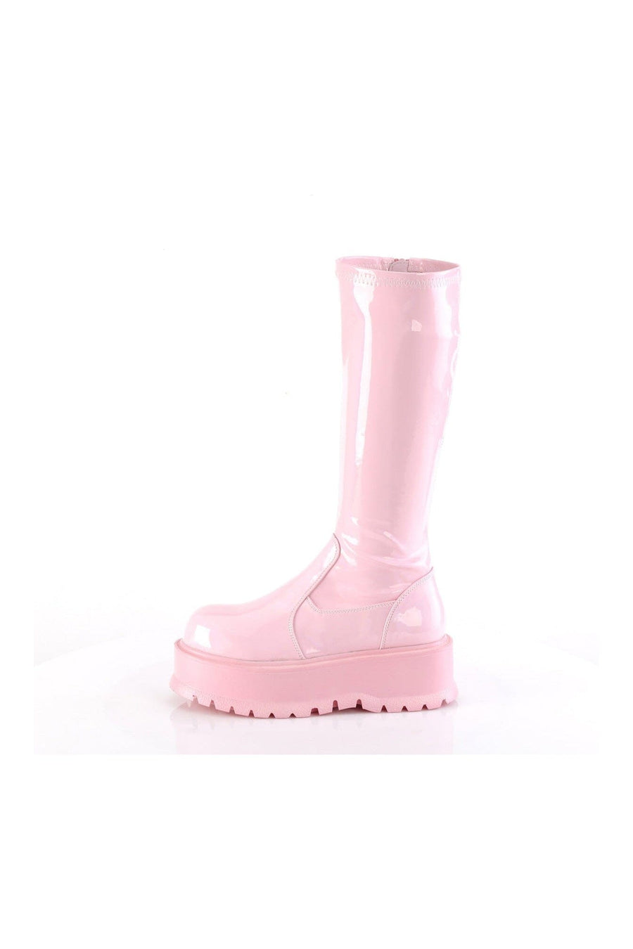 Demonia SLACKER-200 Pink Hologram Patent Knee Boot in Pink Hologram Patent