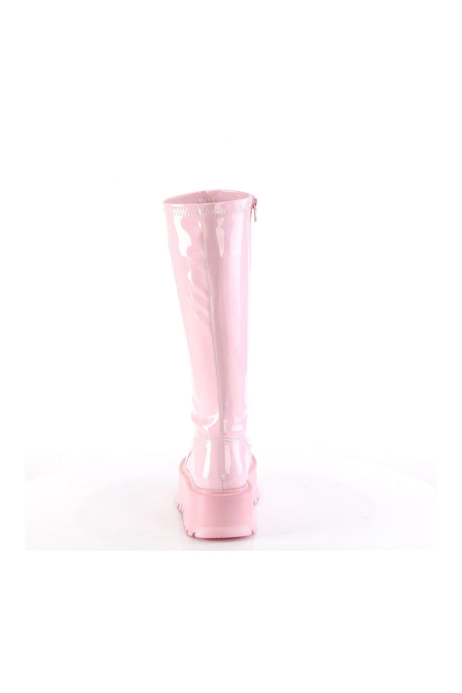 Demonia SLACKER-200 Pink Hologram Patent Knee Boot in Pink Hologram Patent