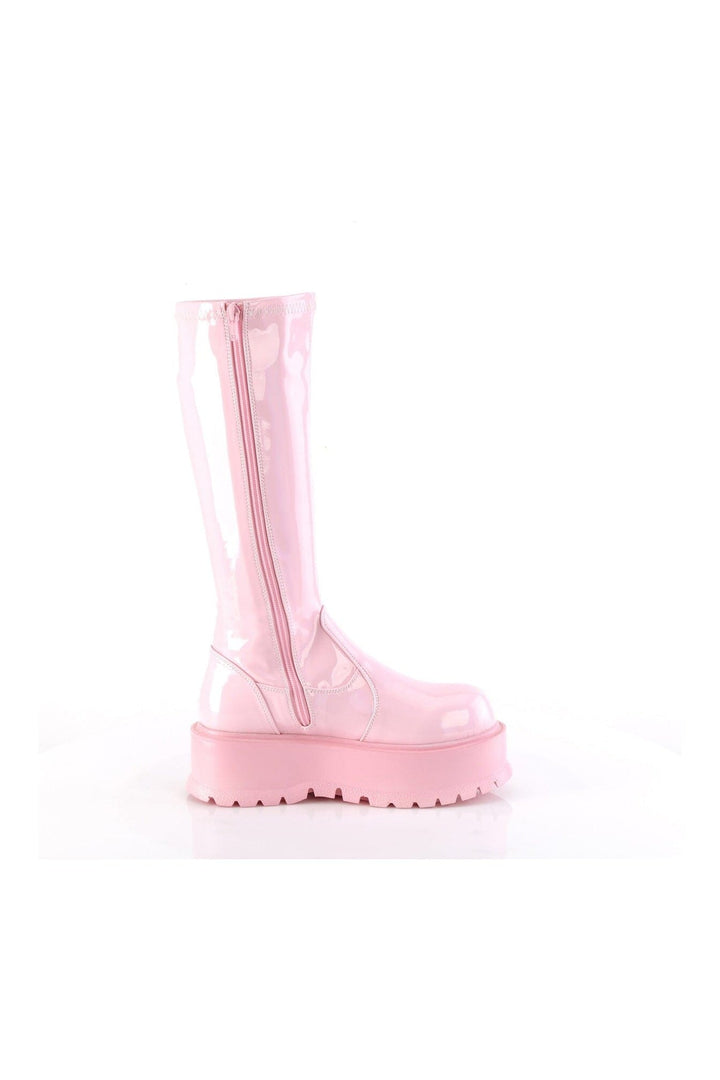 SLACKER-200 Pink Hologram Patent Knee Boot-Knee Boots-Demonia-SEXYSHOES.COM