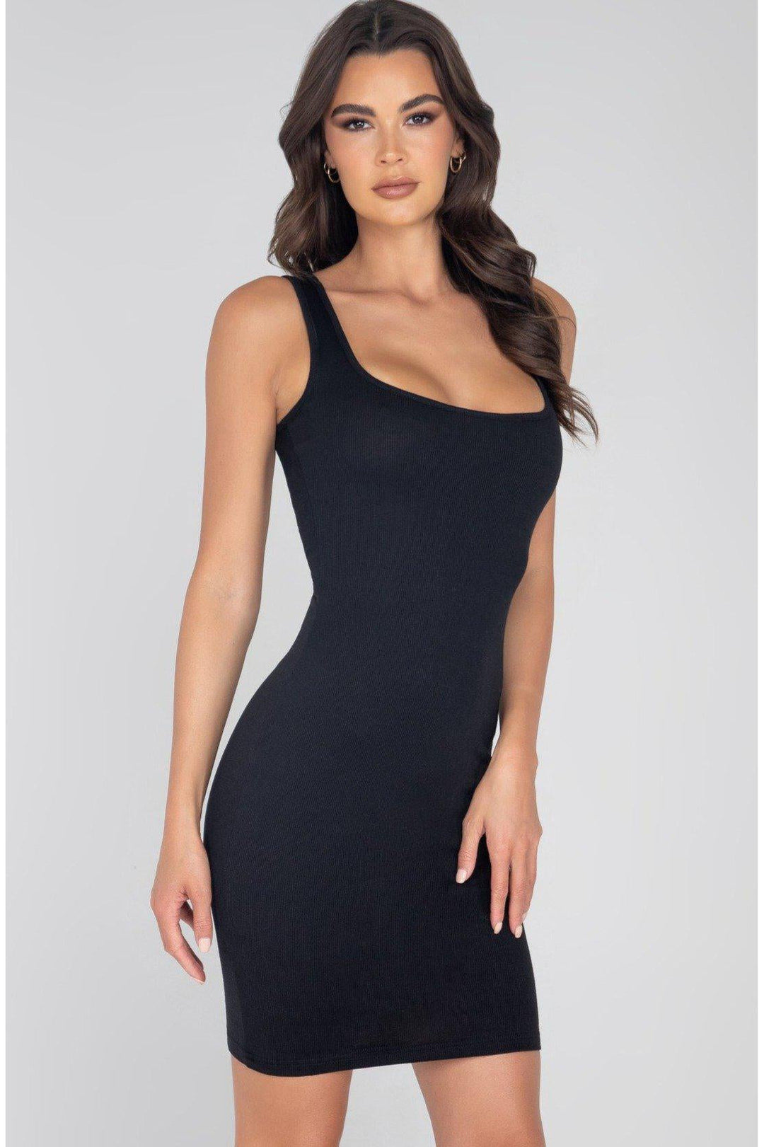 SS-Basic Above The Knee Ribbed Dress-Clothing-Roma Brand-Black-M-SEXYSHOES.COM