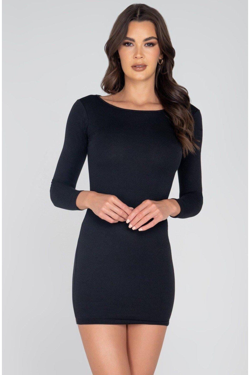 SS-Classic Ribbed Long sleeve Bodycon Dress-Clothing-Roma Brand-Black-S-SEXYSHOES.COM