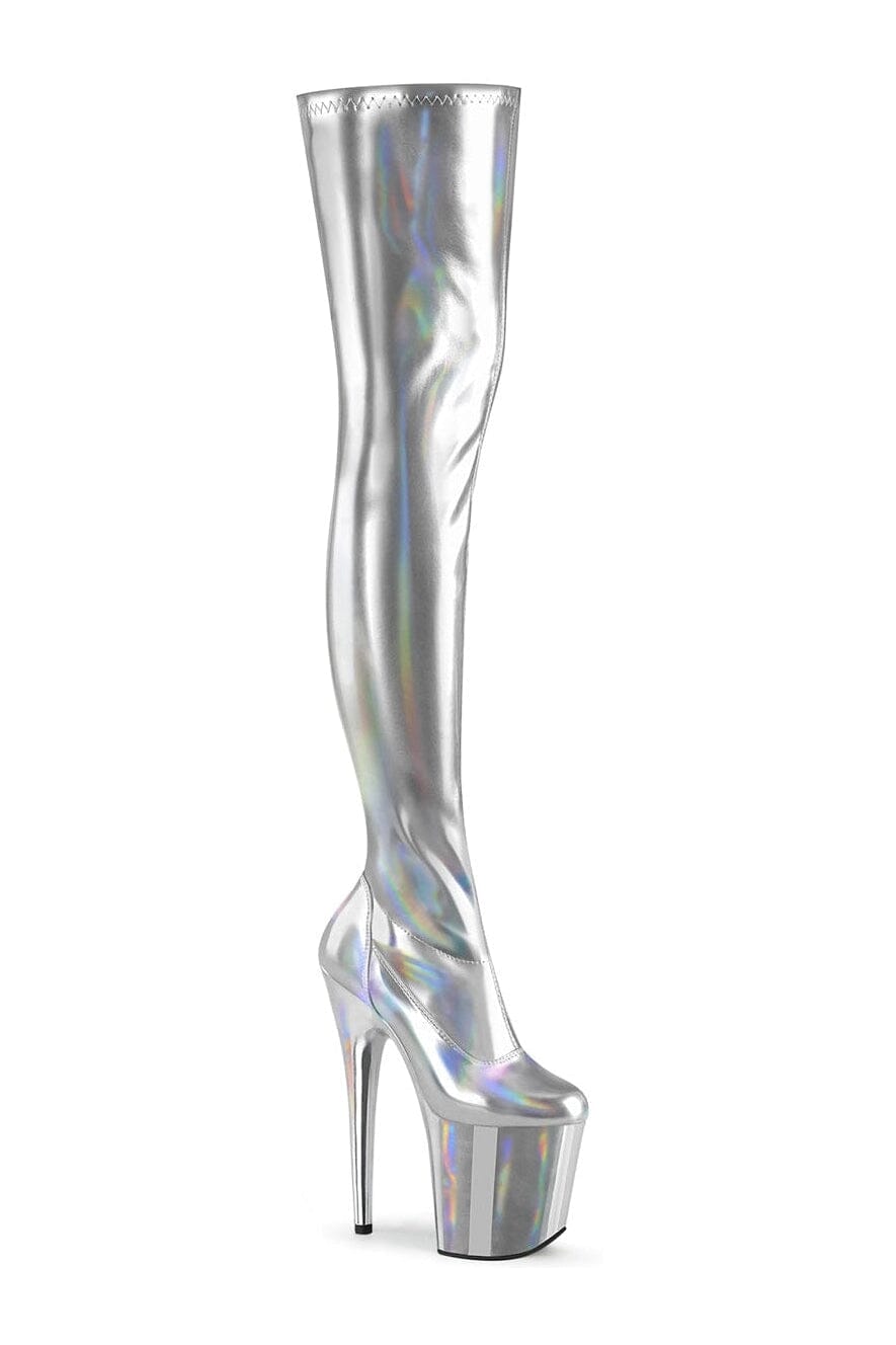 Pleaser FLAMINGO-3000HWR Silver Hologram Thigh Boot in Silver Hologram from SexyShoes.com
