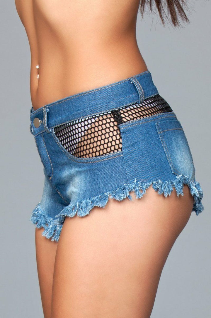 Fishnet Trim Denim Shorts-Denim Shorts-BeWicked-SEXYSHOES.COM
