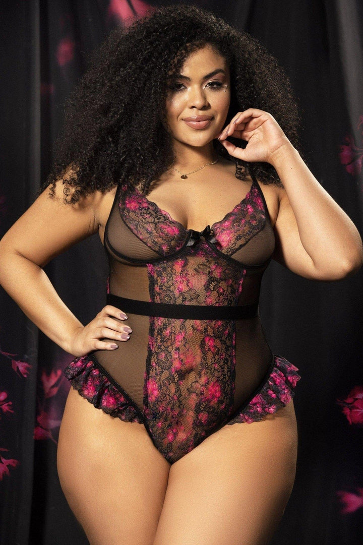 SS-Plus Size Floral Print Mesh Side Teddy-Lingerie-Mapale Brand-Black-2/3XL-SEXYSHOES.COM