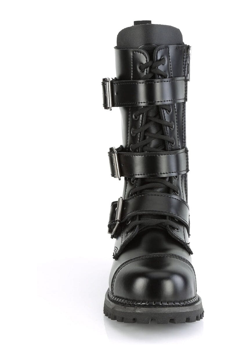 Demonia RIOT-12BK Black Leather Ankle Boot in Black Leather