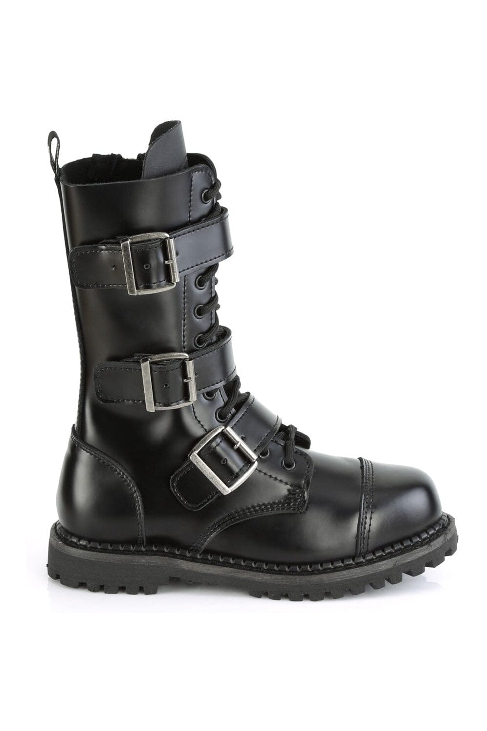 Demonia RIOT-12BK Black Leather Ankle Boot in Black Leather