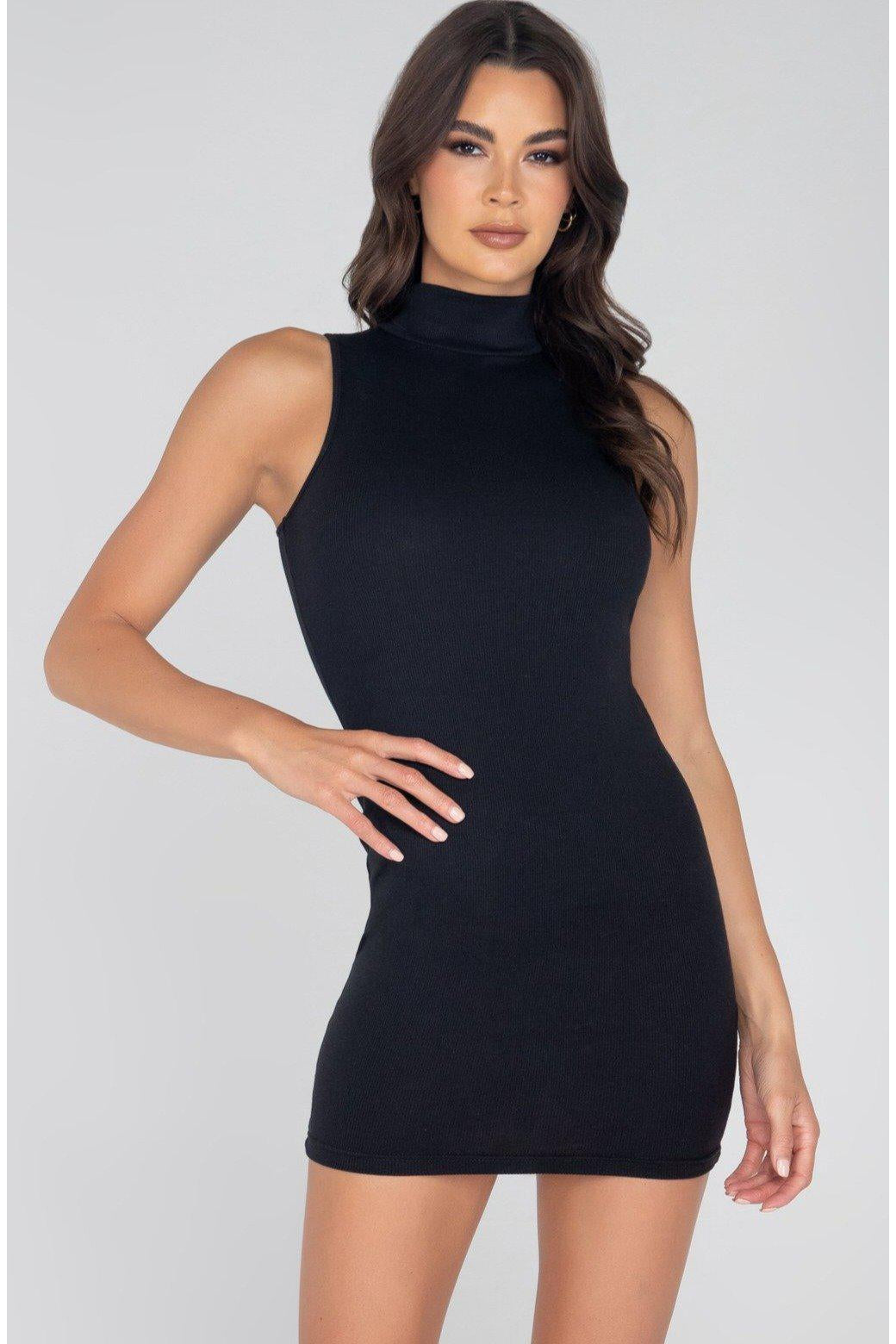 SS-Ribbed Turtle Neck Sleeveless Dress-Clothing-Roma Brand-Black-L-SEXYSHOES.COM