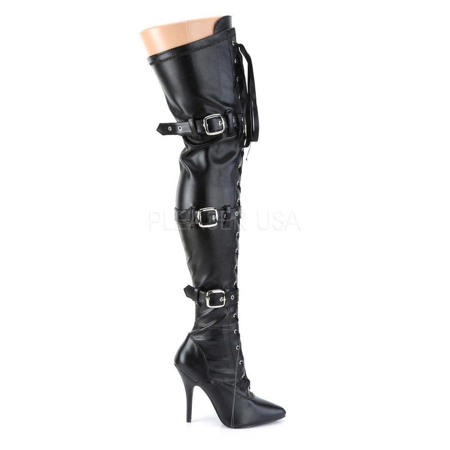 Pleaser Brand SS SEDUCE 3028 Thigh Boot in Black Faux Leather