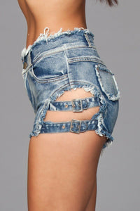 BeWicked Side Buckle Denim Shorts in Blue 