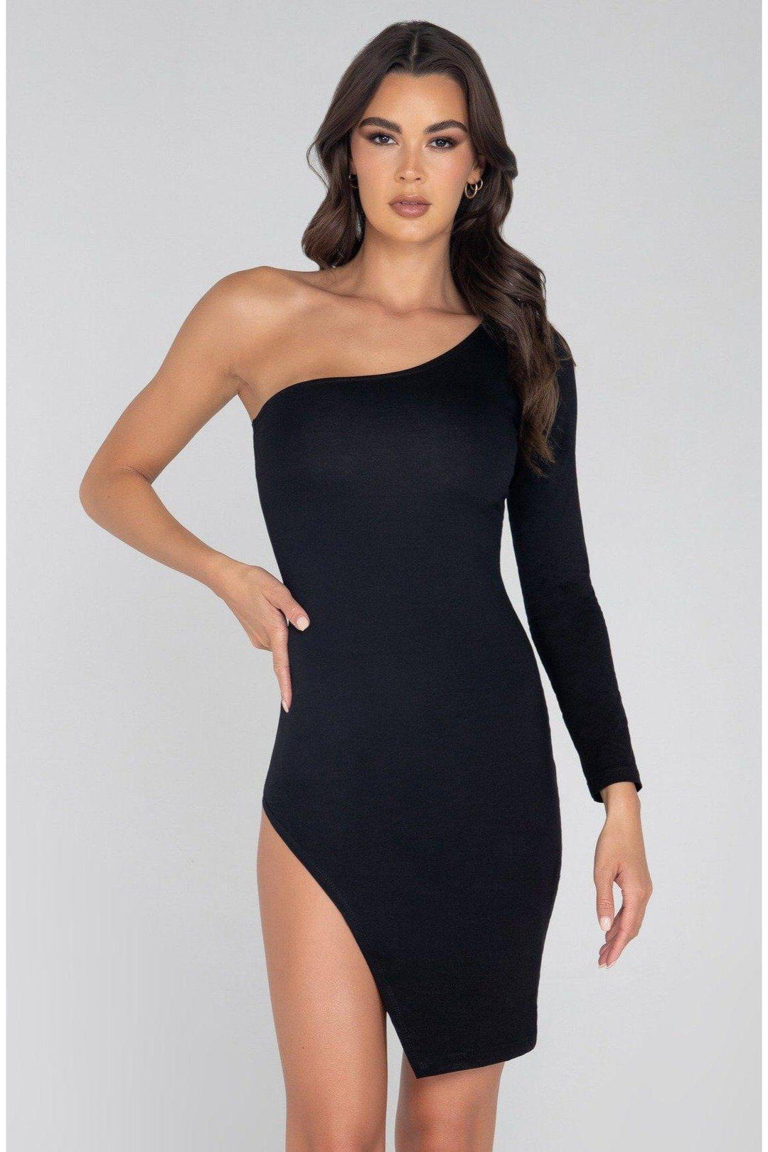 SS-Single Shoulder Split Bodycon Dress-Clothing-Roma Brand-Black-XL-SEXYSHOES.COM