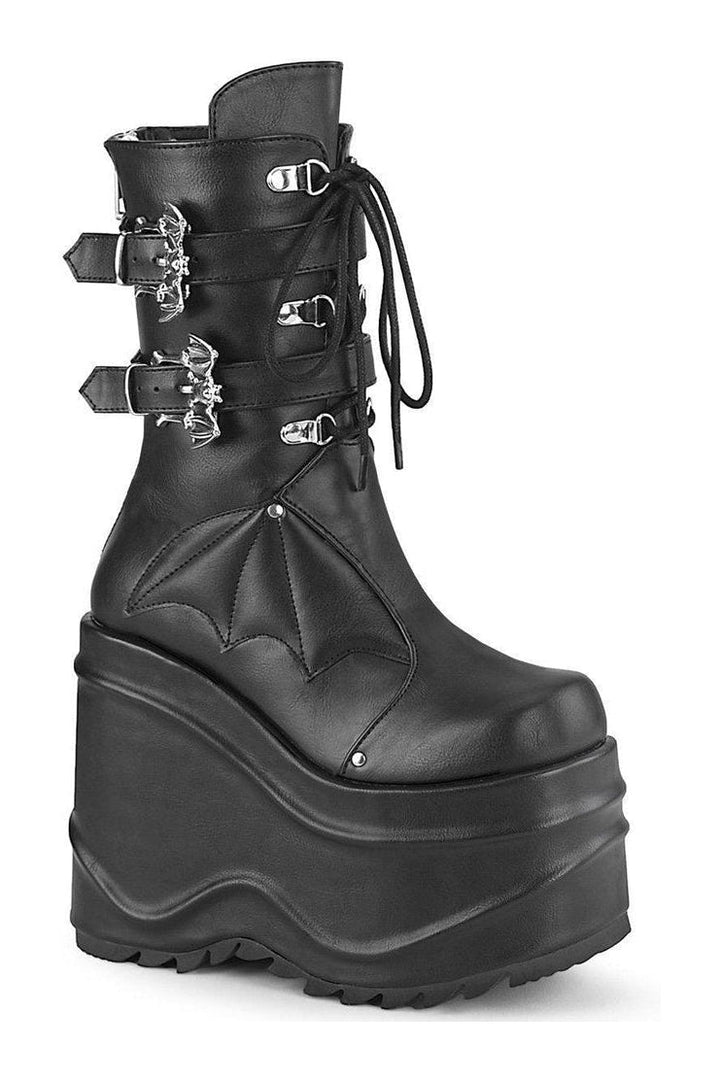 WAVE-150 Knee Boot | Black Faux Leather-Knee Boots-Demonia-SEXYSHOES.COM