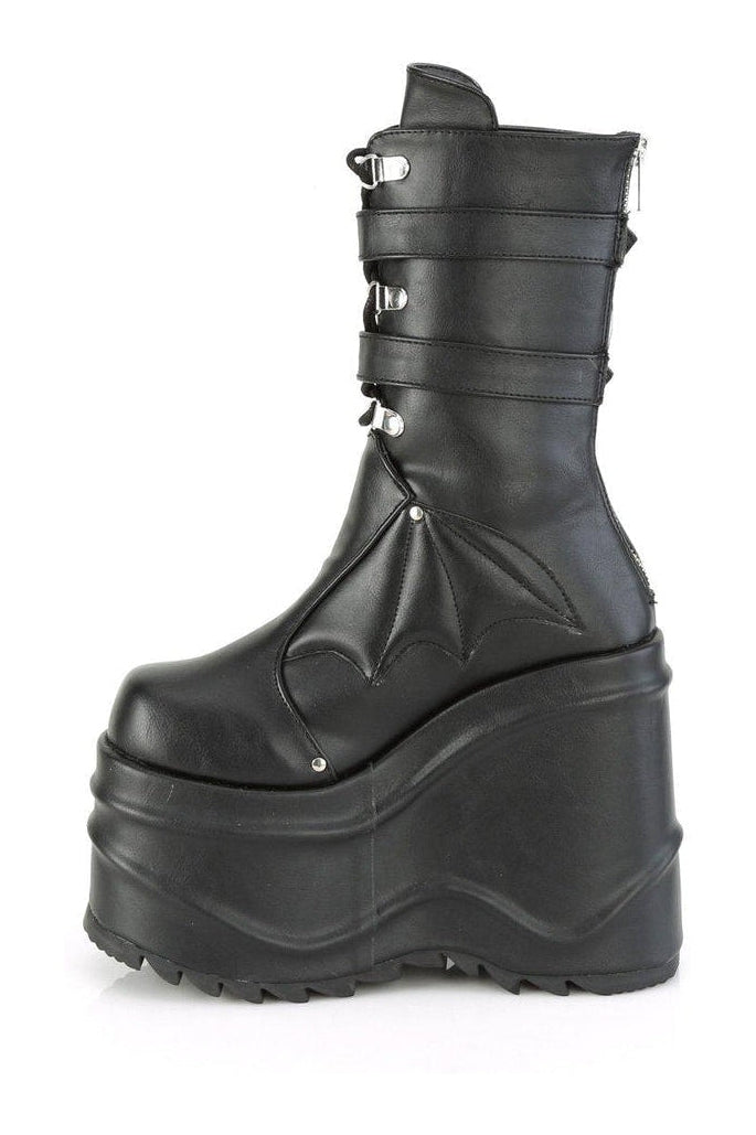 WAVE-150 Knee Boot | Black Faux Leather-Knee Boots-Demonia-SEXYSHOES.COM