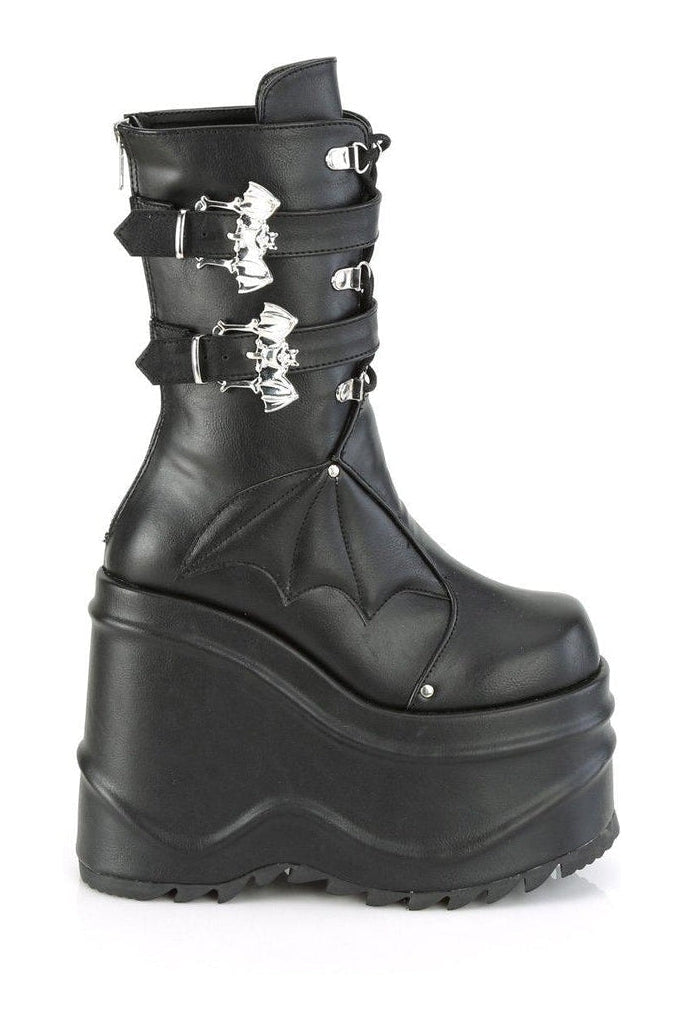 WAVE-150 Knee Boot | Black Faux Leather-Knee Boots-Demonia-SEXYSHOES.COM