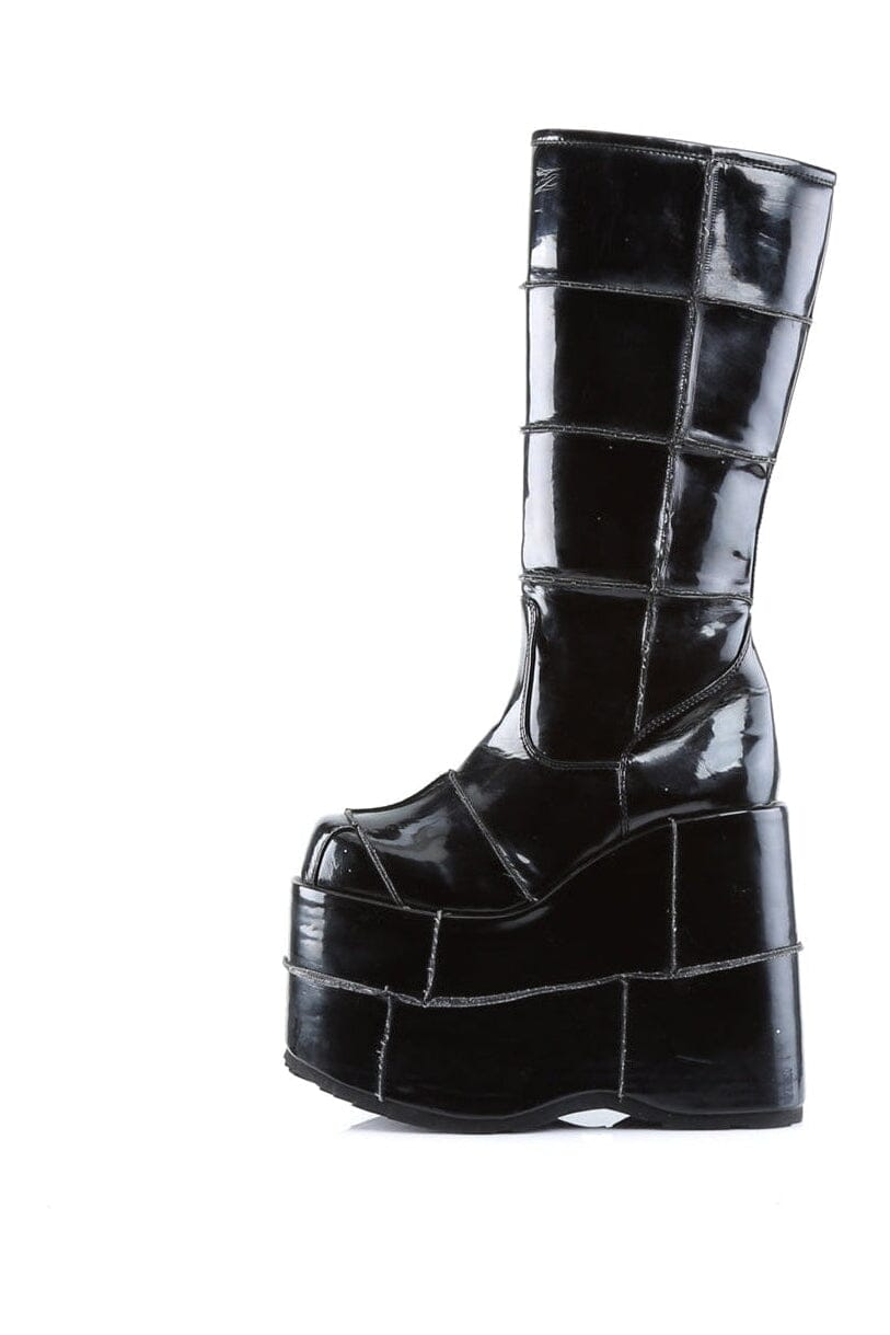 Demonia STACK-301 Black Patent Knee Boot in Black Patent