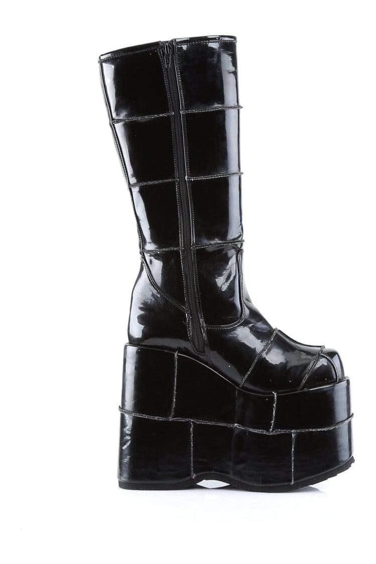 Demonia STACK-301 Black Patent Knee Boot in Black Patent
