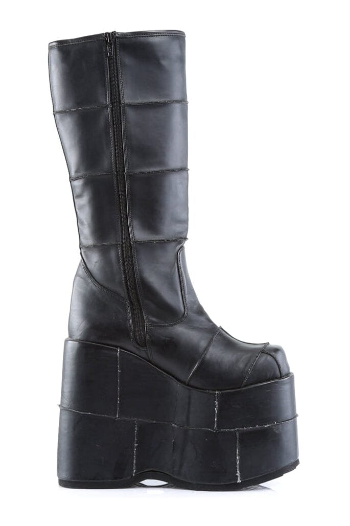 Demonia STACK-301 Black Vegan Leather Knee Boot in Black Vegan Leather