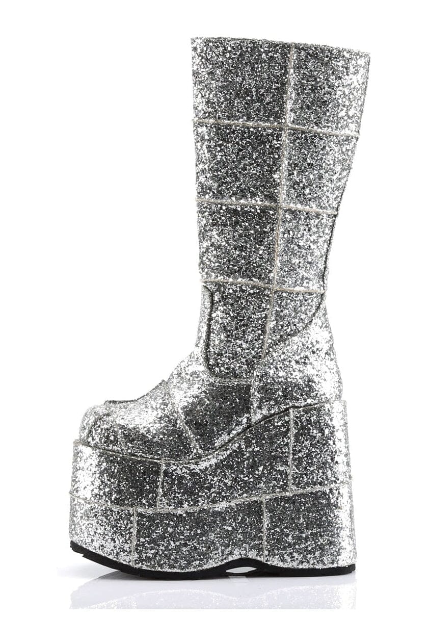 STACK-301G Silver Glitter Knee Boot-Knee Boots-Demonia-SEXYSHOES.COM