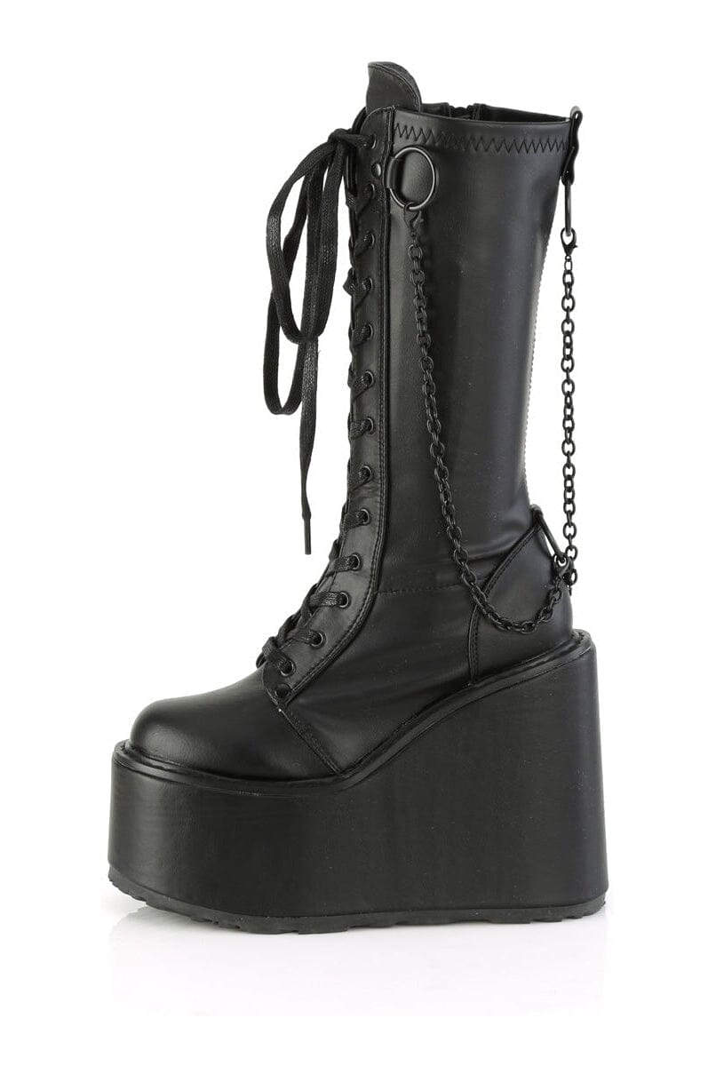 Demonia SWING-150 Black Vegan Leather Knee Boot in Black Vegan Leather