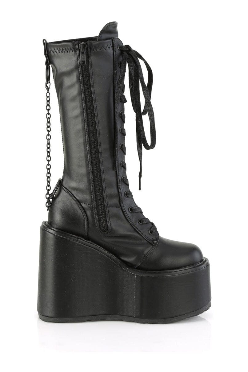 Demonia SWING-150 Black Vegan Leather Knee Boot in Black Vegan Leather